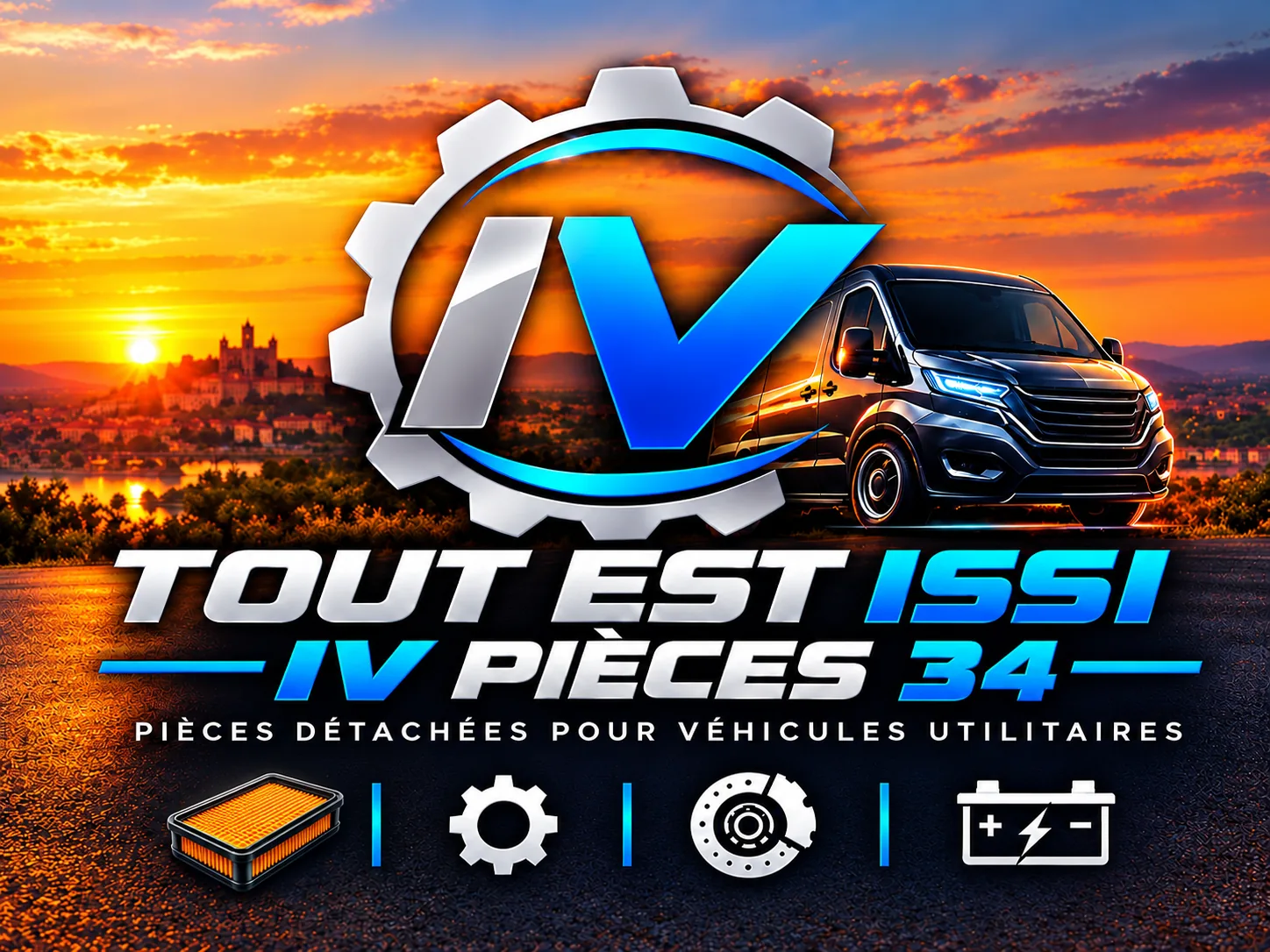 Logo Tout est Issi, IV Pièces 34, pièces détachées pour véhicules utilitaires, devant un fourgon au coucher du soleil